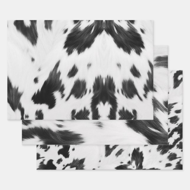 Western Country Cowboy Black White Cow Print Wrapping Paper Sheet (Set)