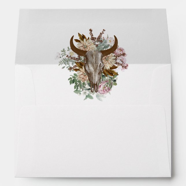 Western Country Cowboy Boho Cow Skull Wedding Envelope (Back (Bottom))