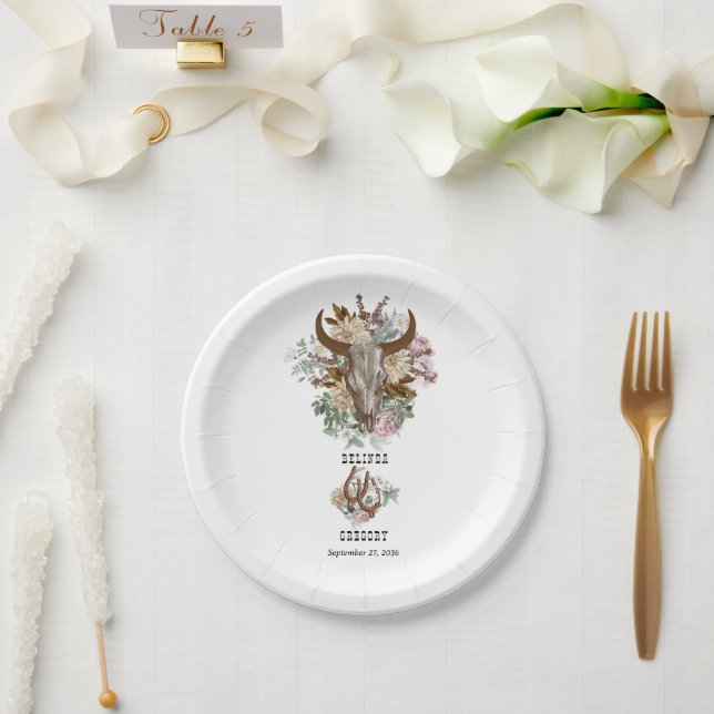 Western Country Cowboy Boho Cow Skull Wedding Paper Plate (Wedding)