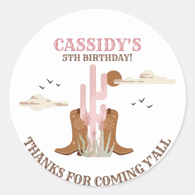 Western Country Cowgirl Birthday Thank You Classic Round Sticker (Front)