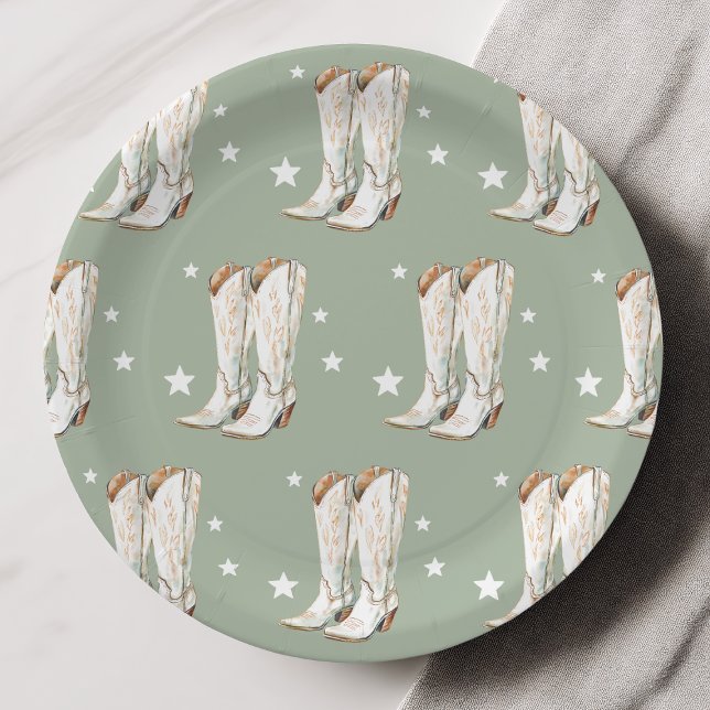Western Country Cowgirl Boots Green Birthday Party Paper Plate (Western Country Cowgirl Boots Sage Green Birthday Party Paper Plates)