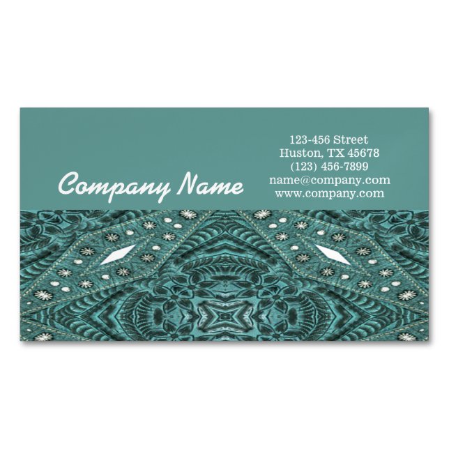 western country cowgirl fashion teal leather magnetic business card (Front)