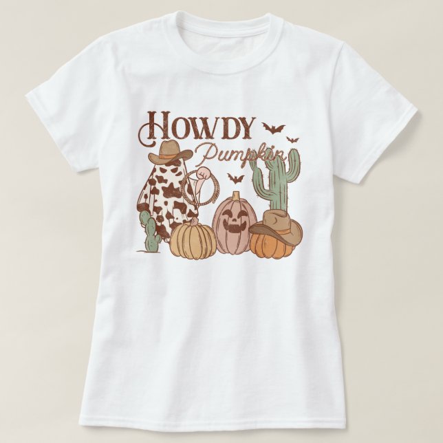 Western Country Cowgirl Howdy Pumpkin Halloween T-Shirt (Design Front)