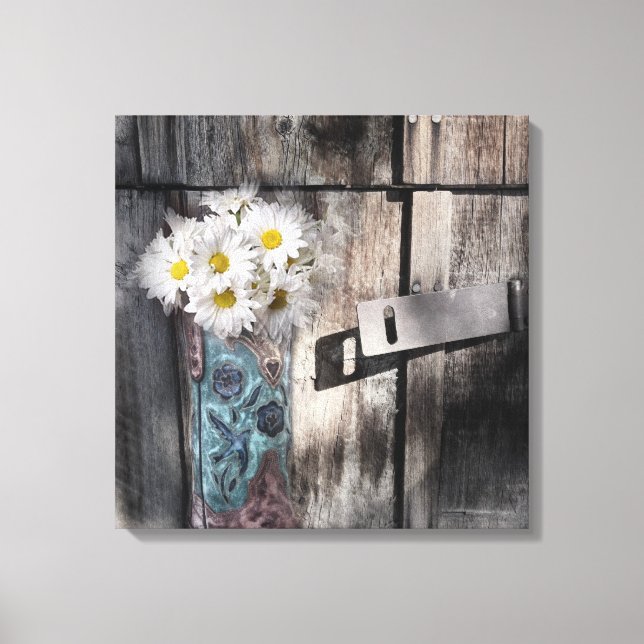 Western country daisy barn wood cowboy boot canvas print (Front)