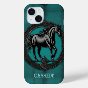 Western Country Equestrian Teal Black Horse iPhone 15 Case