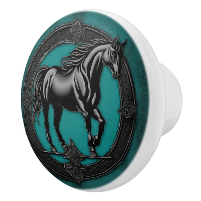 Western Country Equestrian Teal Black Horse  Ceramic Knob (Right)