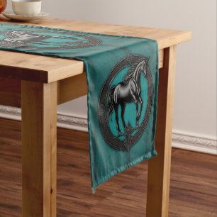Western Country Equestrian Teal Black Horse  Long Table Runner