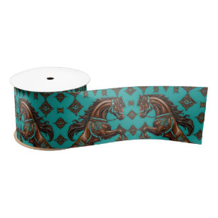 Western Country Equestrian Turquoise Brown Horse  Satin Ribbon