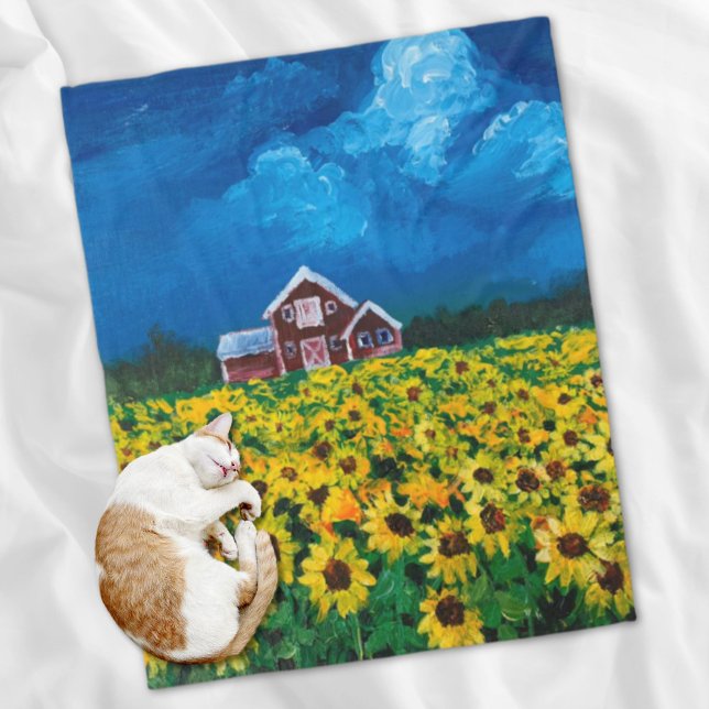 western country red barn summer sunflower field fleece blanket (western country red barn summer sunflower field fleece blanket)