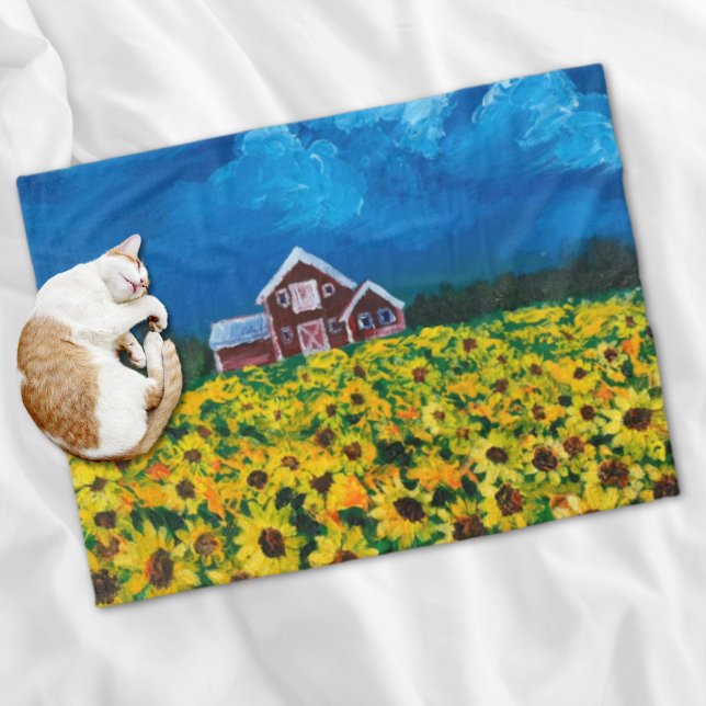 western country red barn summer sunflower field fleece blanket (western country red barn summer sunflower field fleece blanket)