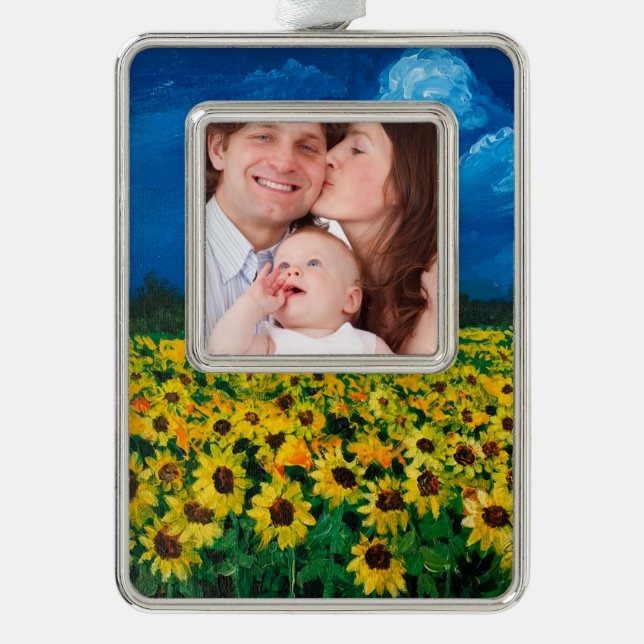 western country red barn summer sunflower field silver plated framed ornament (Front)