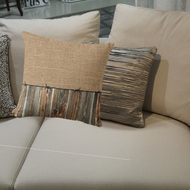 Western Country Rusti Burlap Barn Wood Barbed Wire Cushion (Creator Uploaded)
