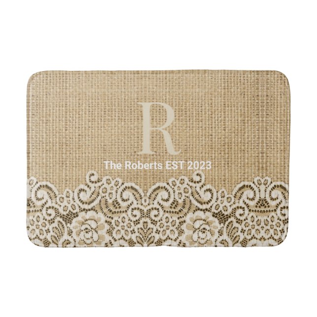 Western country rustic burlap and lace Family EST Bath Mat (Front)