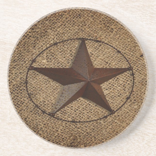 Western Country Rustic Burlap Primitive Texas Star Coaster (Front)