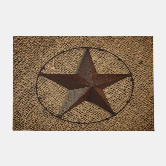 Western Country Rustic Burlap Primitive Texas Star Doormat (Front)