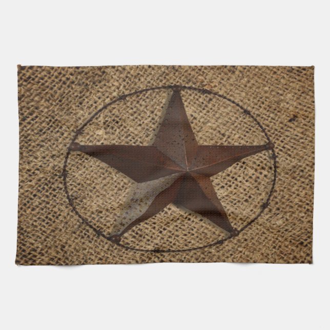 Western Country Rustic Burlap Primitive Texas Star Tea Towel (Horizontal)