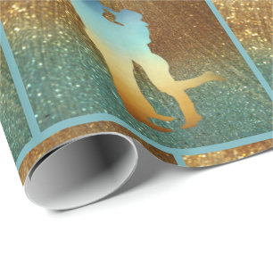 Western Couple On Blue/Gold Faux Glitter Print Wrapping Paper