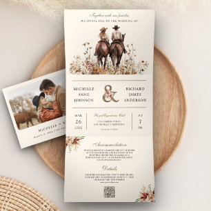 Western Couple Riding Horse All in One Wedding Tri-Fold Invitation