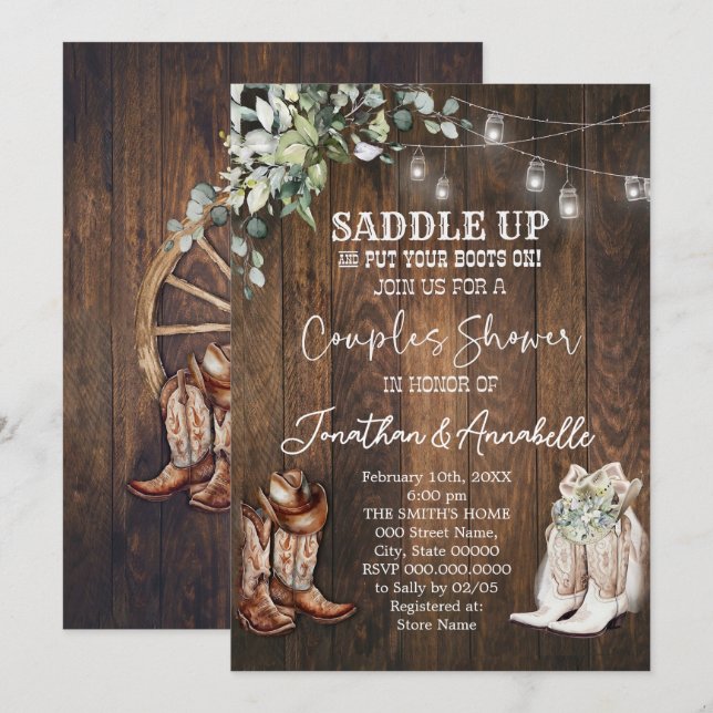 Western Couples Shower Invitation, Rustic Cowboy  Invitation (Front/Back)