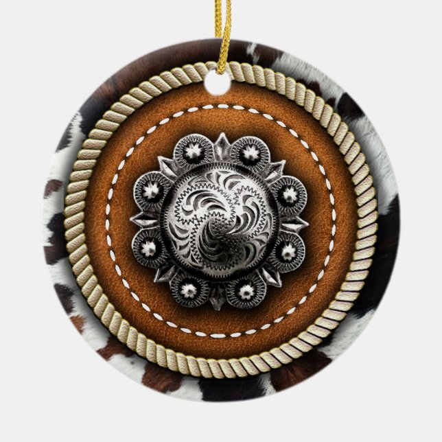 Western Cow Print Rope and Rustic Leather Concho Ceramic Tree Decoration (Front)