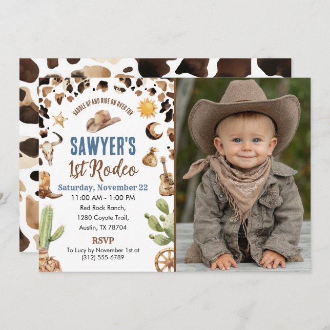 Western Cowboy “1st Rodeo” Birthday Invitation (Front/Back)