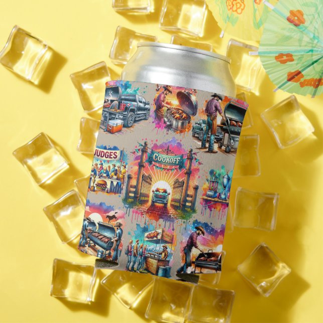 Western Cowboy BBQ Cookoff Scenes 2 Custom Can Cooler (In Situ Summer)