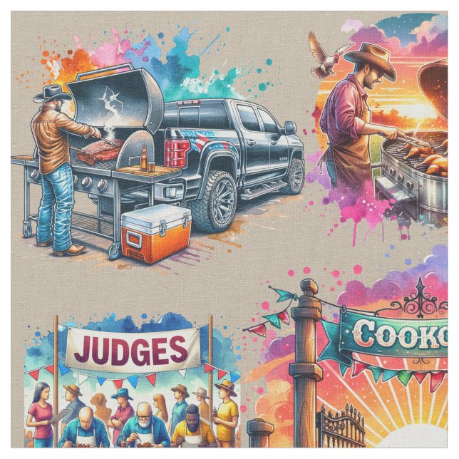 Western Cowboy BBQ Cookoff Scenes 2 Fabric (Close Up)