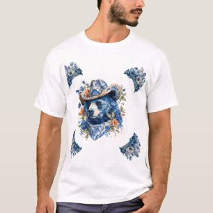 Western Cowboy Bear - Blue Bear with Floral Bandan T-Shirt