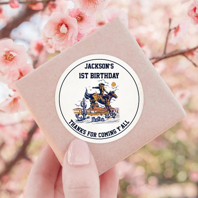 Western Cowboy Birthday Party Classic Round Sticker (Creator Uploaded)