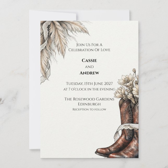 Western Cowboy Boot Pampas Wedding Invitation (Front)