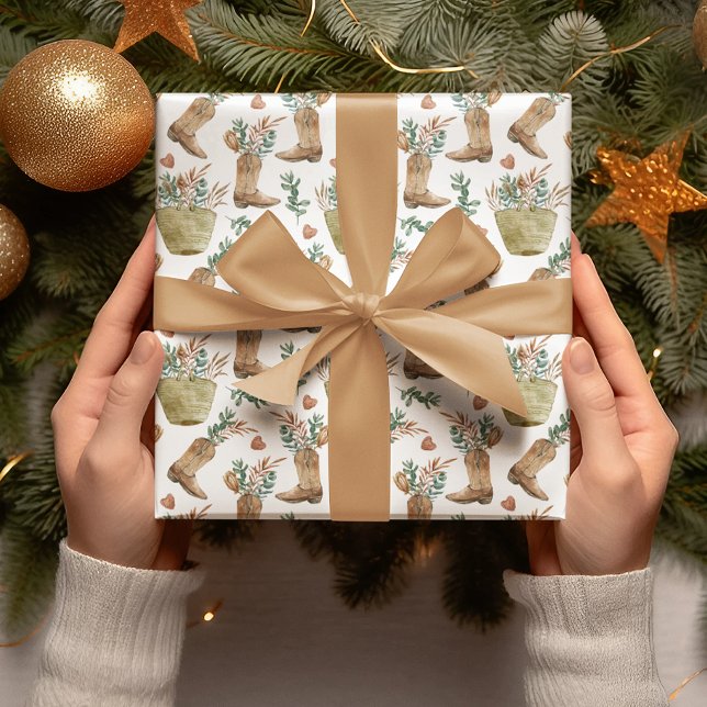 Western Cowboy Boot Woodland Christmas  Wrapping Paper (Creator Uploaded)
