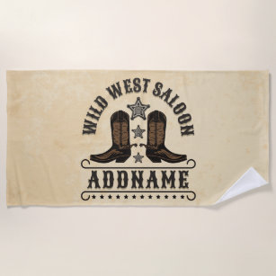Western Cowboy Boots ADD NAME Sheriff Spurs Saloon Beach Towel