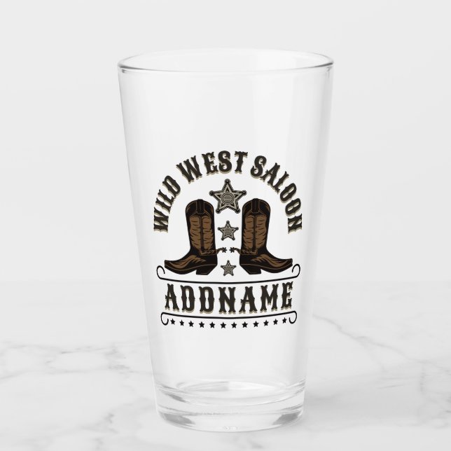 Western Cowboy Boots ADD NAME Sheriff Spurs Saloon Glass (Front)