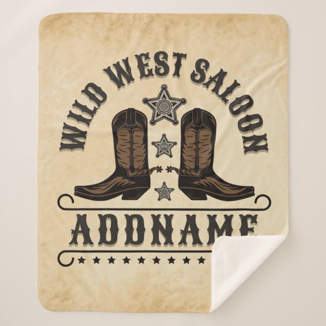 Western Cowboy Boots ADD NAME Sheriff Spurs Saloon Sherpa Blanket (Front)