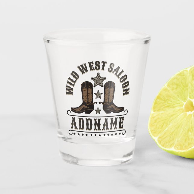 Western Cowboy Boots ADD NAME Sheriff Spurs Saloon Shot Glass (Front)