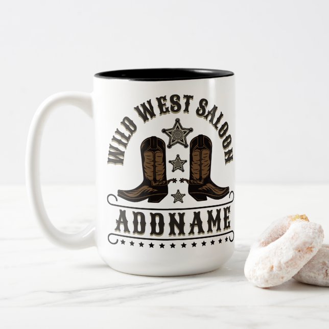 Western Cowboy Boots ADD NAME Sheriff Spurs Saloon Two-Tone Coffee Mug (With Donut)