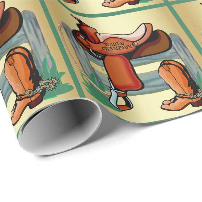 Western Cowboy Boots and Saddle Fence and Rope Wrapping Paper (Roll Corner)