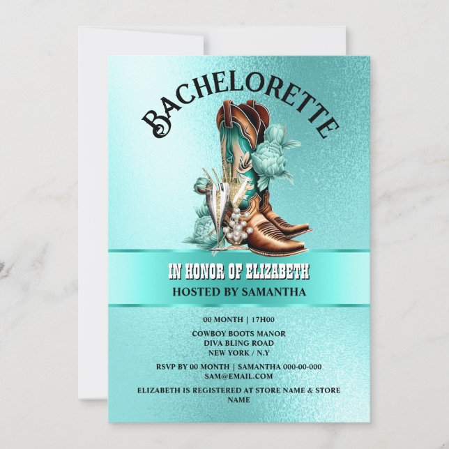Western cowboy boots aquamarine teal bubbly chic  invitation (Front)