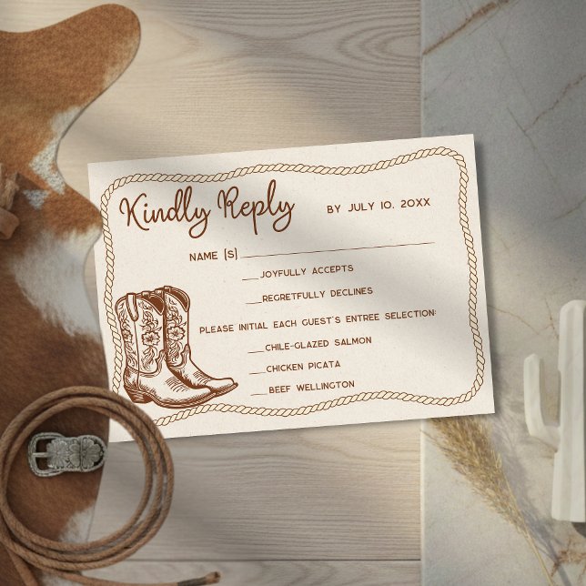 Western Cowboy Boots Barn Wedding Meal Choice RSVP Card (Creator Uploaded)