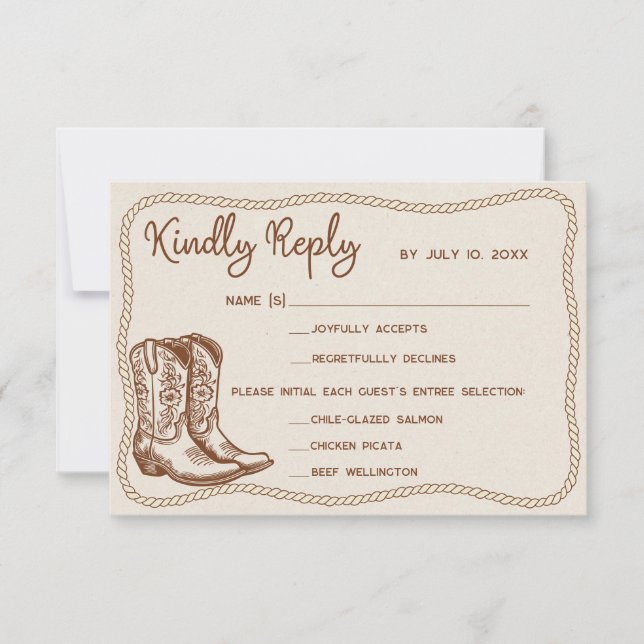 Western Cowboy Boots Barn Wedding Meal Choice RSVP Card (Front)