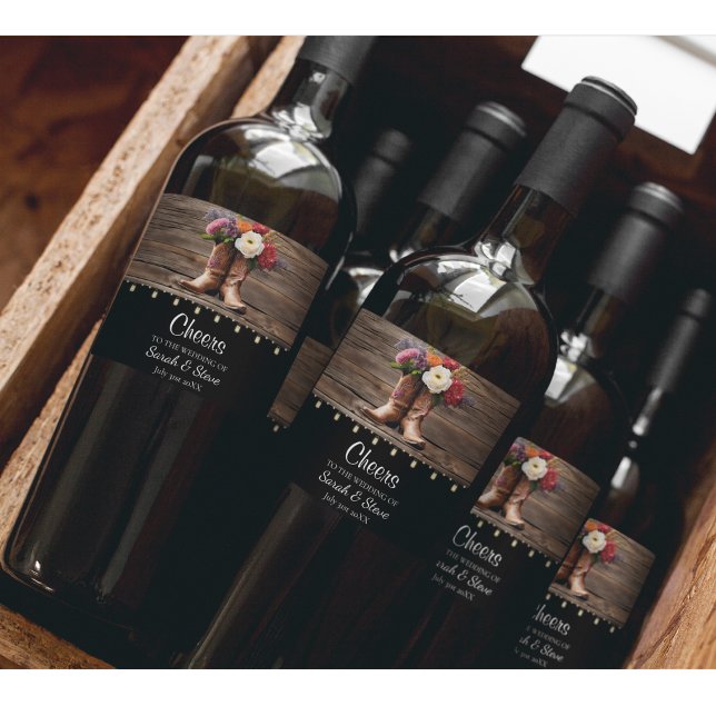 Western Cowboy Boots Floral Elegant Wedding Wine Label (Floral Cowboy Boot Western Wedding Wine Labels)