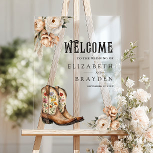 Western Cowboy Boots Floral Wedding Welcome Acrylic Sign