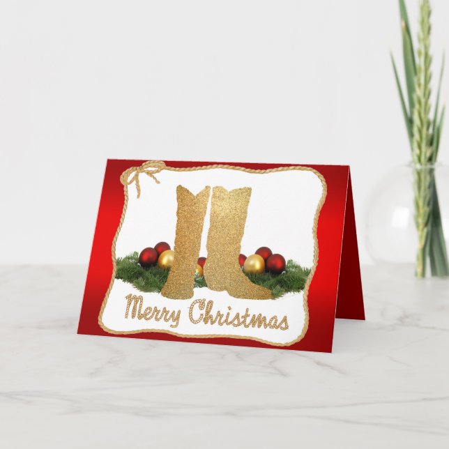 Western Cowboy Boots Garland Rope Merry Christmas Holiday Card (Front)