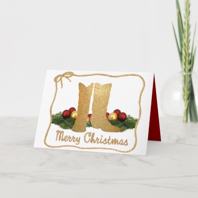 Western Cowboy Boots Garland Rope Merry Christmas Holiday Card (Front)