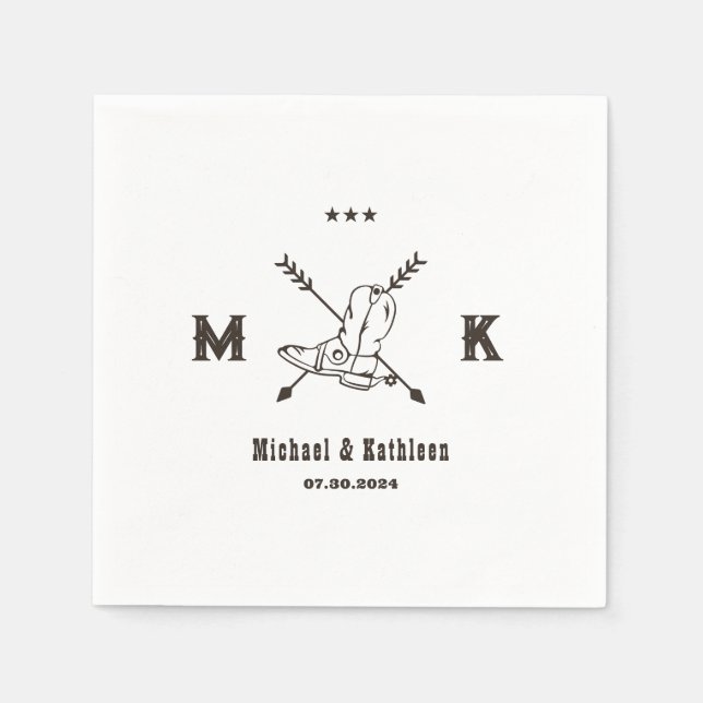 Western Cowboy Boots Monogram Boho Country Wedding Napkin (Front)