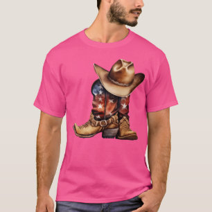 Western Cowboy Boots Patriotic American Usa Flag T-Shirt