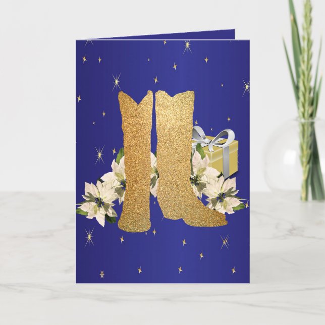 Western Cowboy Boots Poinsettias Gifts Holiday Card (Front)