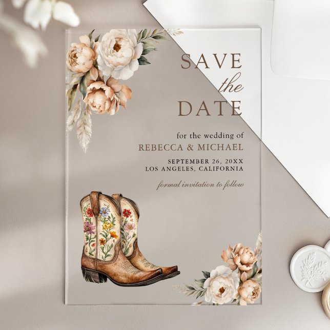 Western Cowboy Boots Wedding Save the Date Acrylic Invitations (Creator Uploaded)