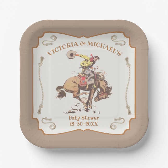 Western Cowboy Bucking Bronco Paper Plate (Front)