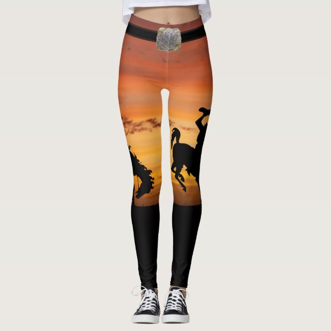 Western Cowboy Bucking Horse Sunset and Belt Leggings (Front)